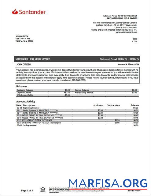 Realistic USA Santander bank statement word example
